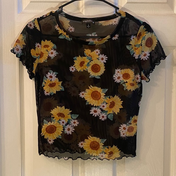 Originality Black Floral Sunflower Mesh Crop Top - Picture 3 of 11